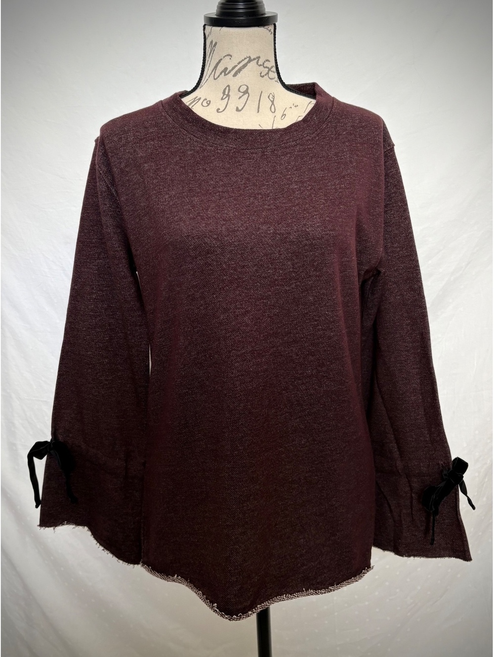 Sweater/Sweatshirt by Grey State. Sangria Tweed bell sleeve velvet bow.